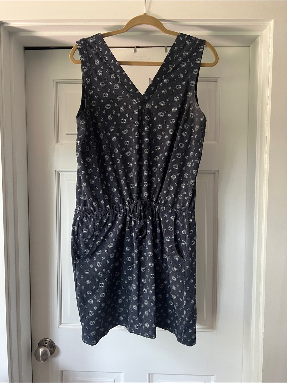 Toad&Co Navy V neck Sleeveless Drawstring Dress with light blue floral print